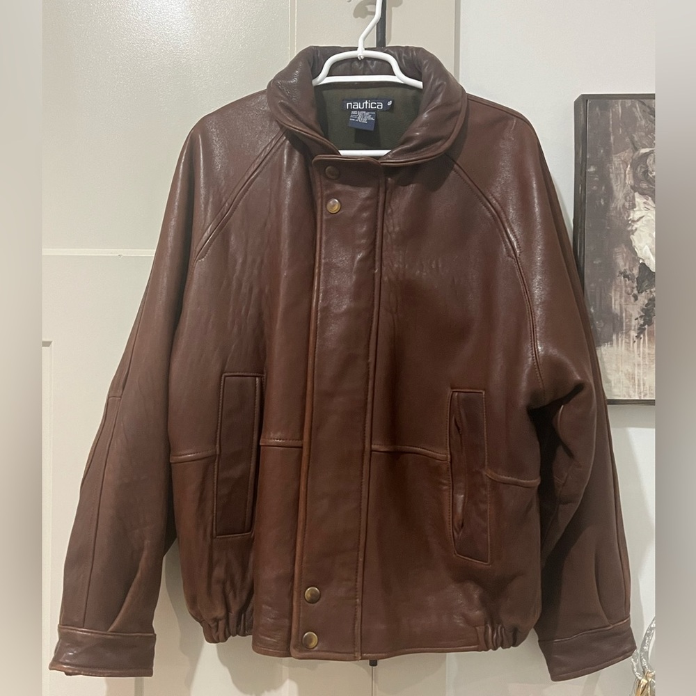Vintage Nautica Mens size 40 Genuine Leather Bomber Jacket Coat in Brown